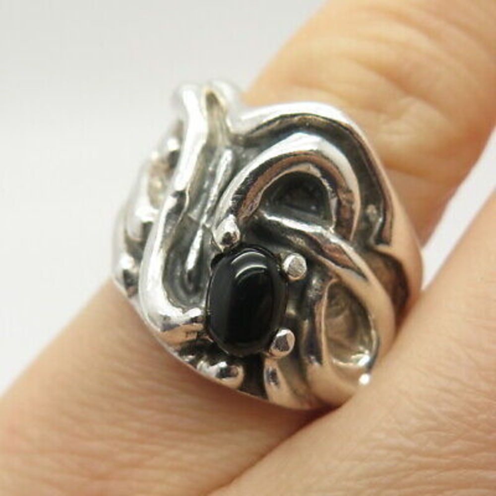 925 Sterling Silver Vintage Real Black Onyx Gem Modernist Ring Size 6 catbird
